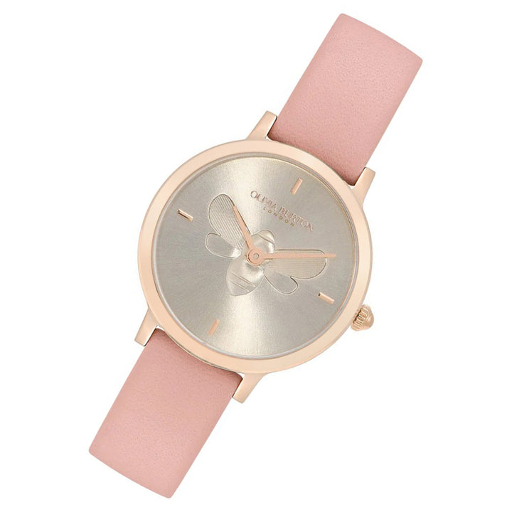 Olivia Burton Ultra Slim Bee Pink Leather Silver Dial Women's Watch - 24000018