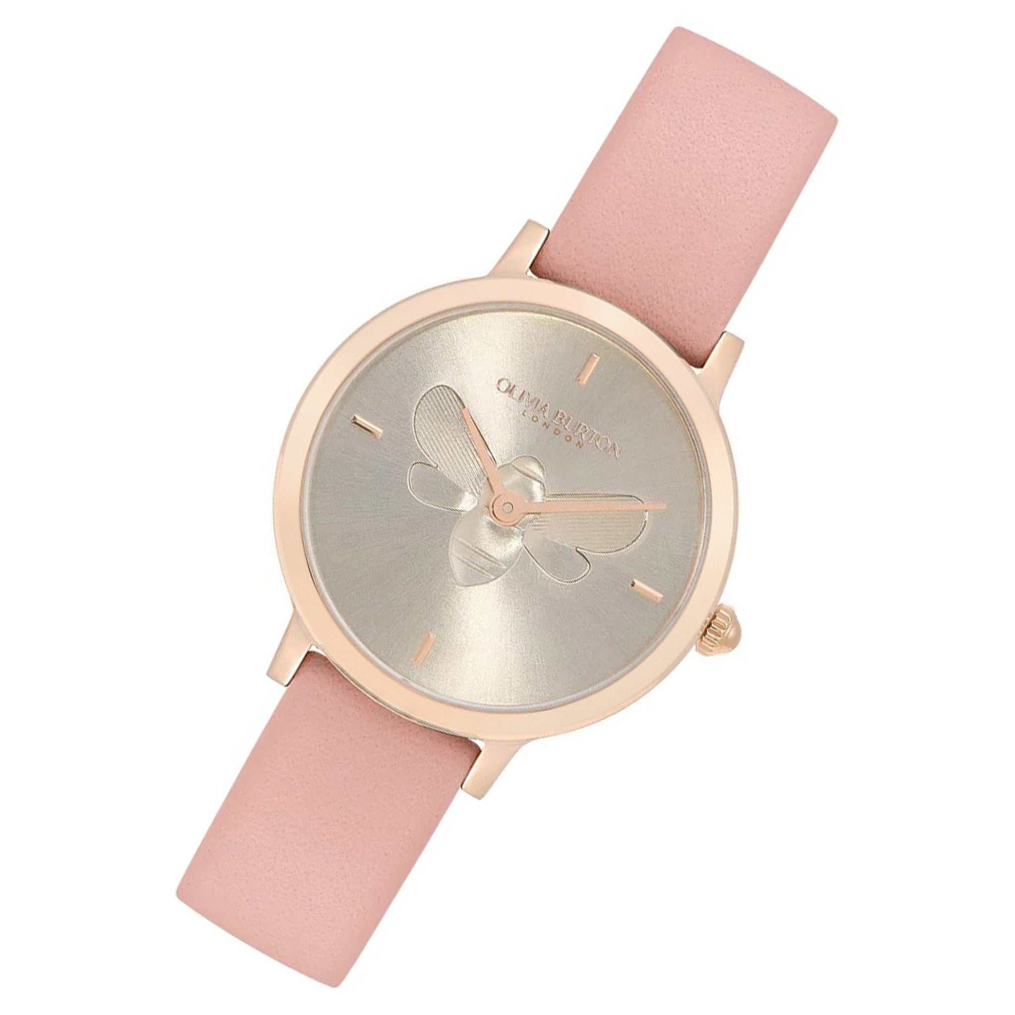 Olivia Burton Ultra Slim Bee Pink Leather Silver Dial Women's Watch - 24000018