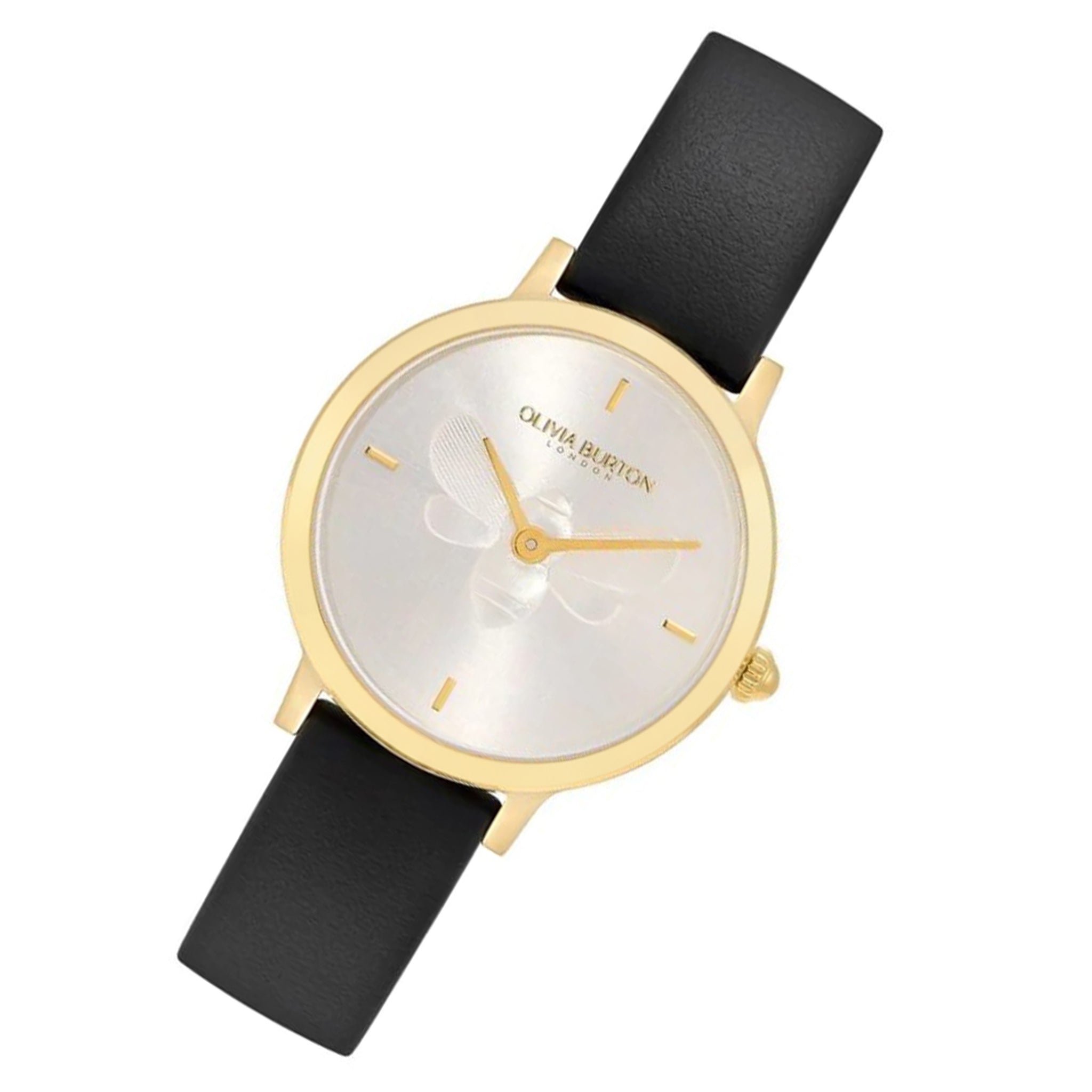 Olivia Burton Ultra Slim Bee Black Leather Silver White Dial Women's Watch - 24000019