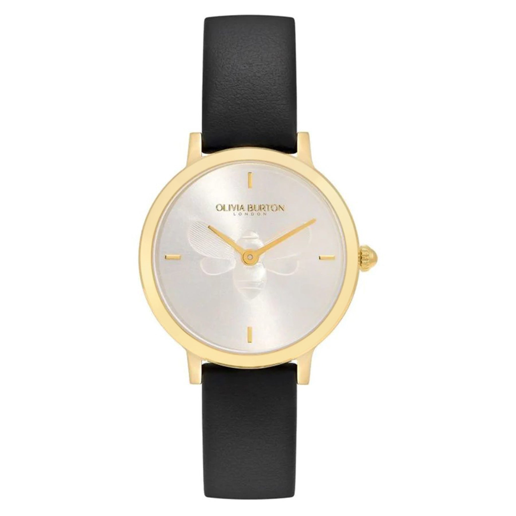 Olivia Burton Ultra Slim Bee Black Leather Silver White Dial Women's Watch - 24000019