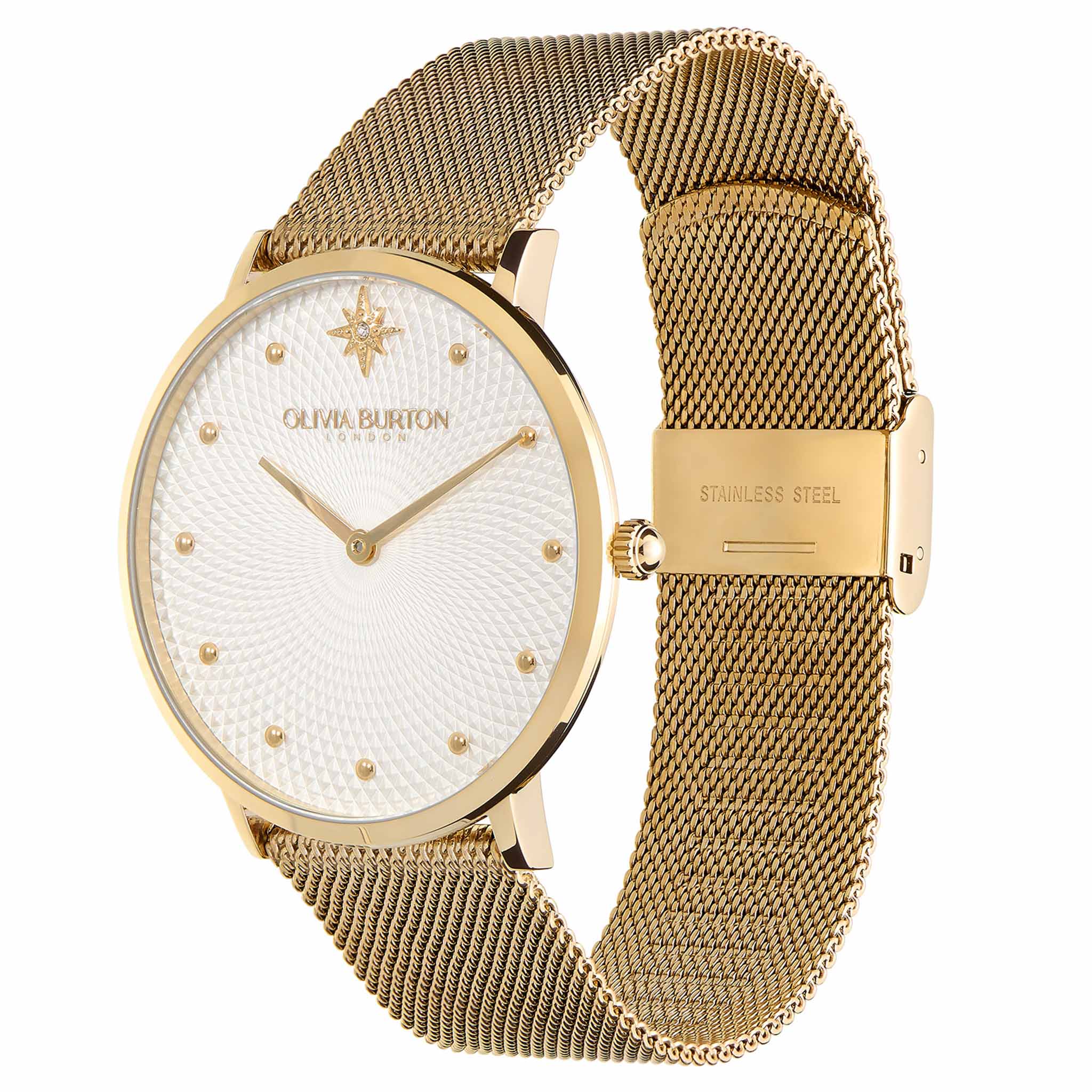 Olivia Burton Gold Steel Mesh White Dial Women's Watch - 24000024