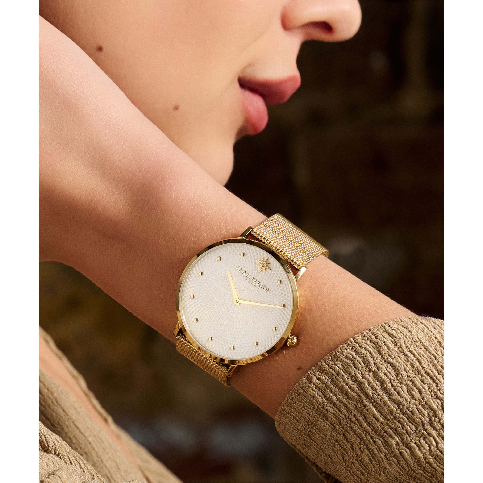 Olivia Burton Gold Steel Mesh White Dial Women's Watch - 24000024