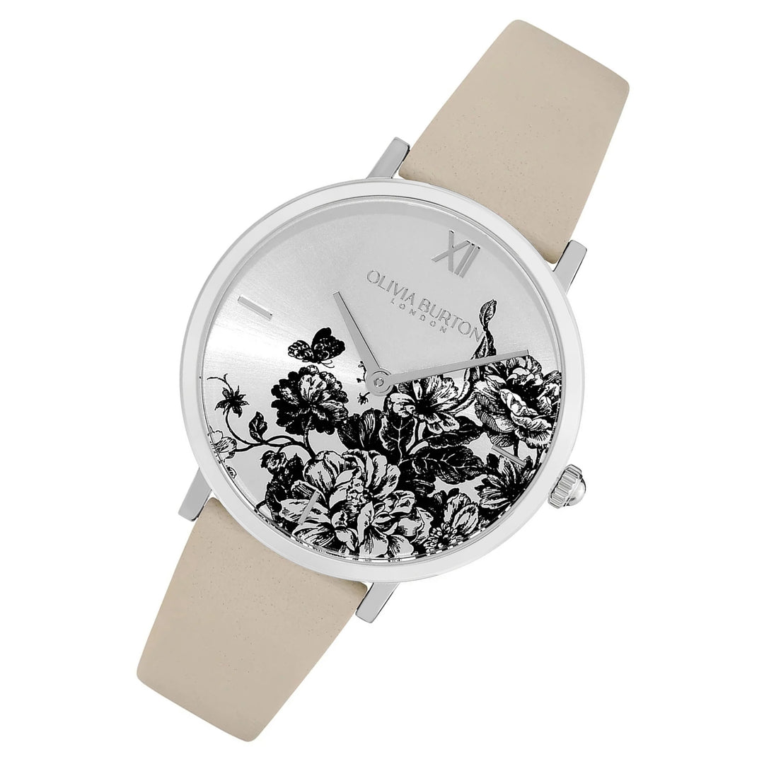 Olivia Burton Antique Pearl Leather Silver Dial Slim Women's Watch - 24000113