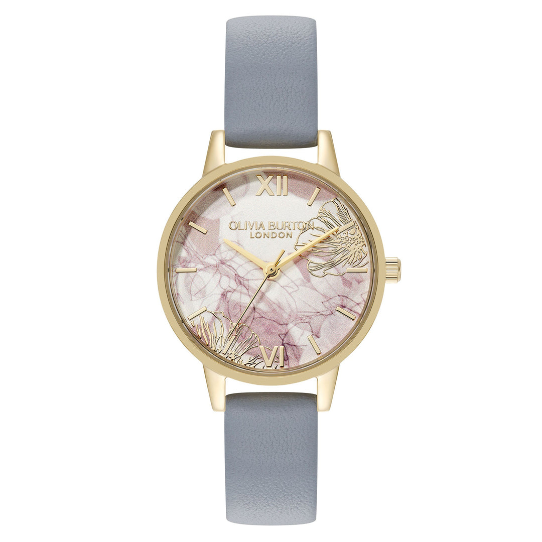 Olivia Burton Abstract Florals Chalk Blue Calfskin Abstract Florals Dial Basic Women's - 24000225