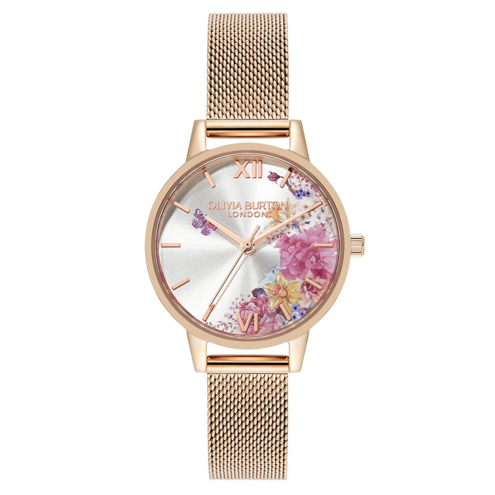 Olivia Burton Illustrated Florals Ionic Plated Rose Gold Steel Ivory Dial Basic Women's - 24000226