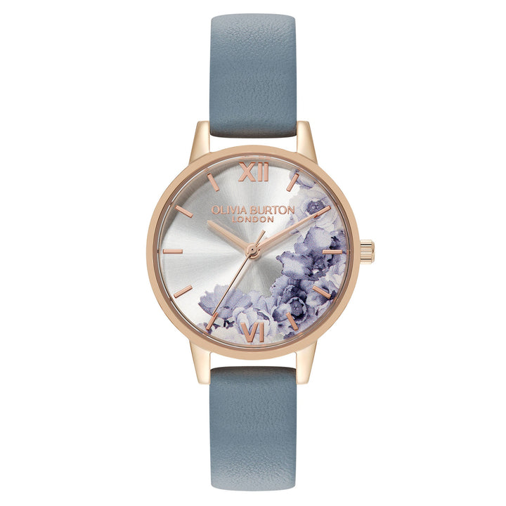 Olivia Burton Illustrated Florals Chalk Blue Calfskin Ivory Dial Basic Women's - 24000227