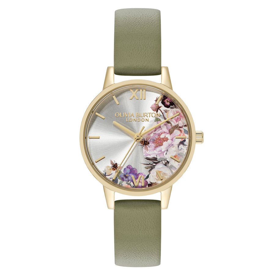 Olivia Burton Illustrated Florals Sage Green Calfskin Ivory Dial Basic Women's - 24000228