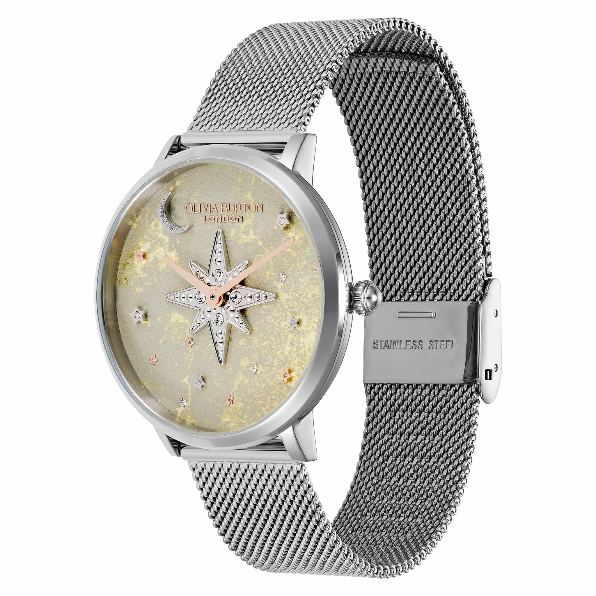 Olivia Burton Silver Steel Mesh Grey Dial Women's Watch - 24000322
