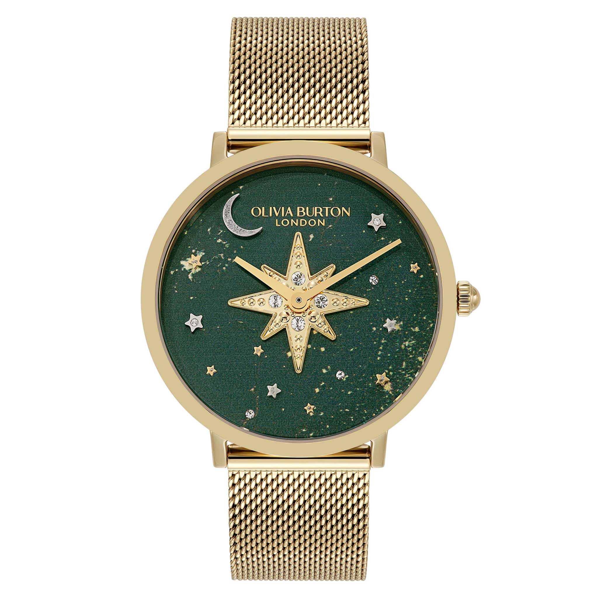 Olivia Burton Gold Steel Mesh Forest Green Dial Women's Watch - 24000323
