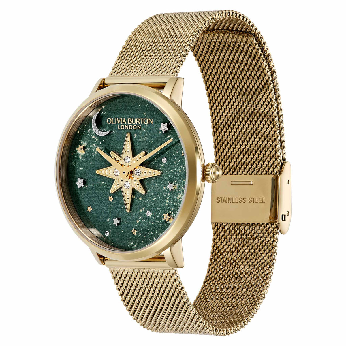 Olivia Burton Gold Steel Mesh Forest Green Dial Women's Watch - 24000323