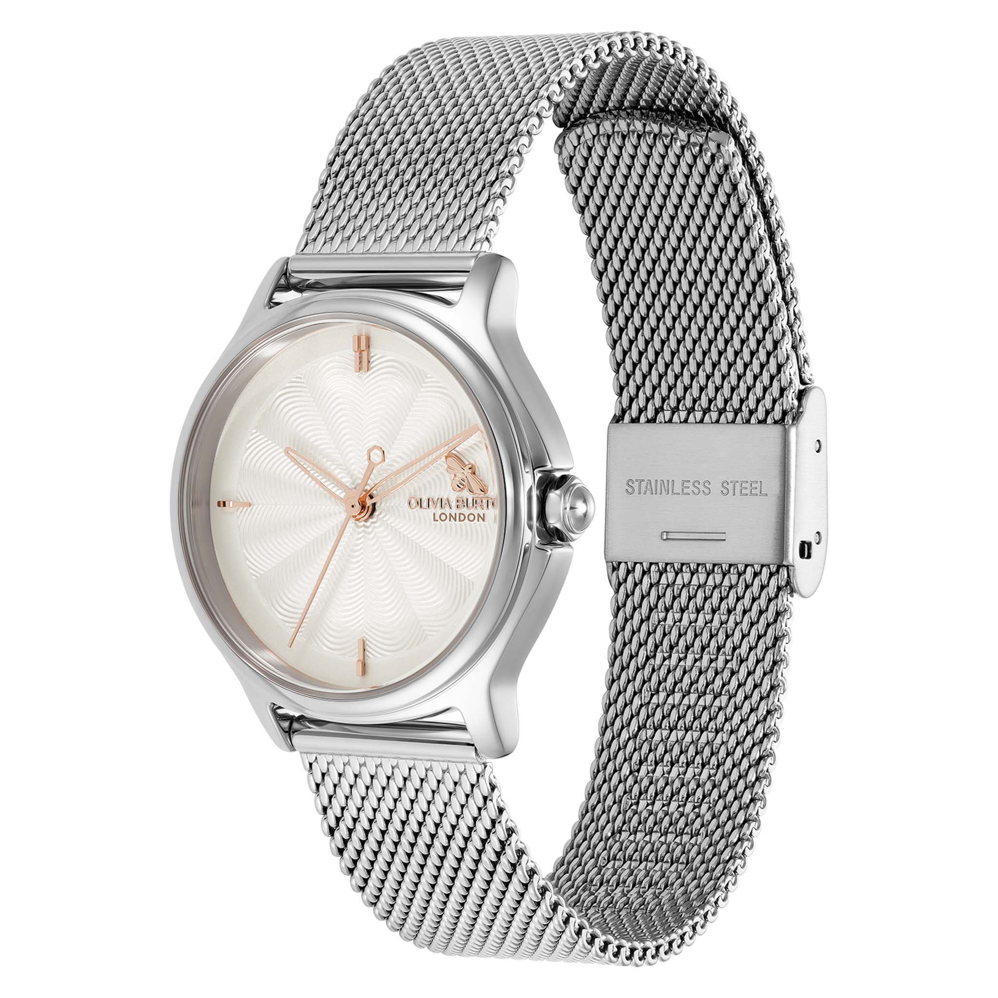Olivia Burton Stainless Steel Mesh Silver White Dial Women's Watch - 24000340
