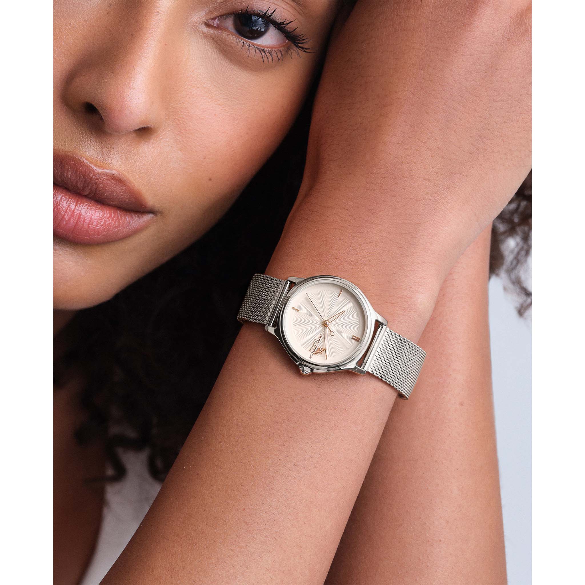 Olivia Burton Stainless Steel Mesh Silver White Dial Women's Watch - 24000340