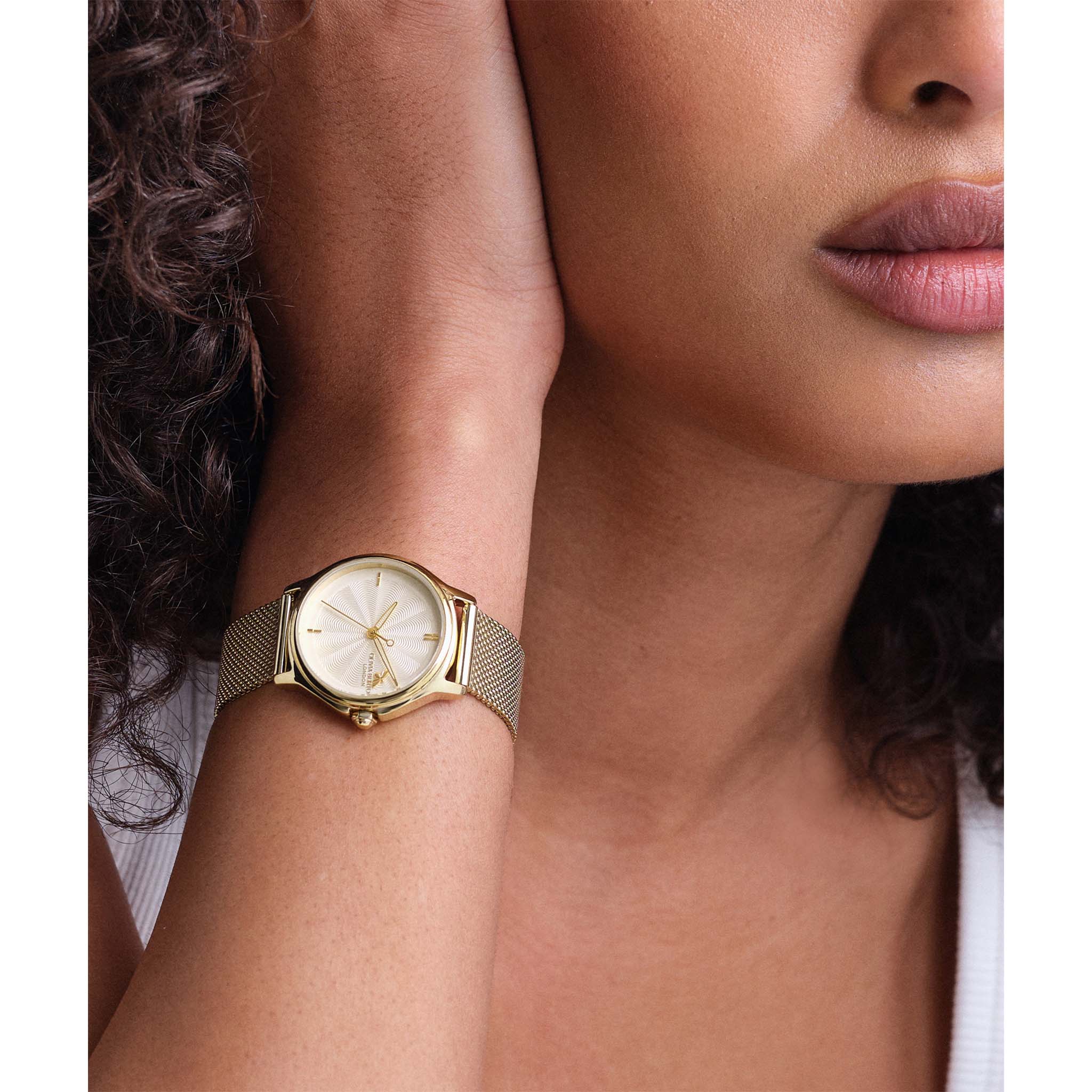 Olivia Burton Gold Steel Mesh Silver White Dial Women's Watch - 24000341