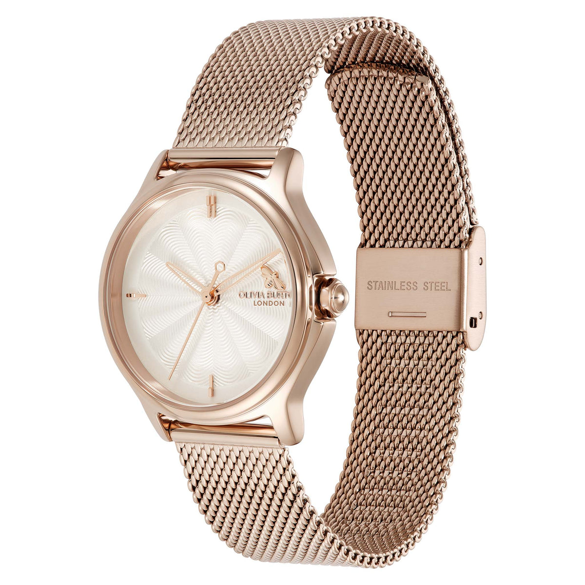 Olivia Burton Rose Gold Steel Mesh Silver White Dial Women's Watch - 24000342