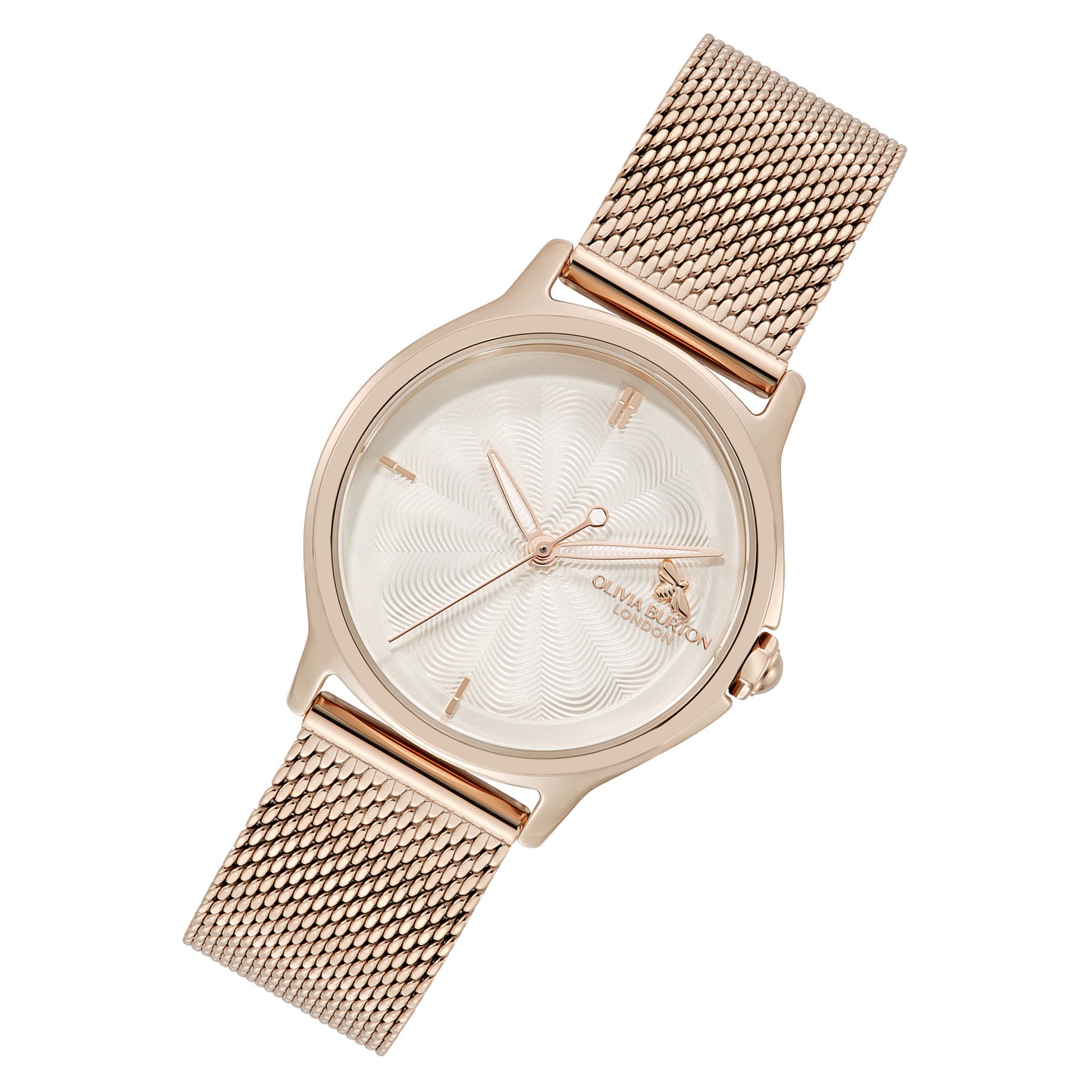 Olivia Burton Rose Gold Steel Mesh Silver White Dial Women's Watch - 24000342