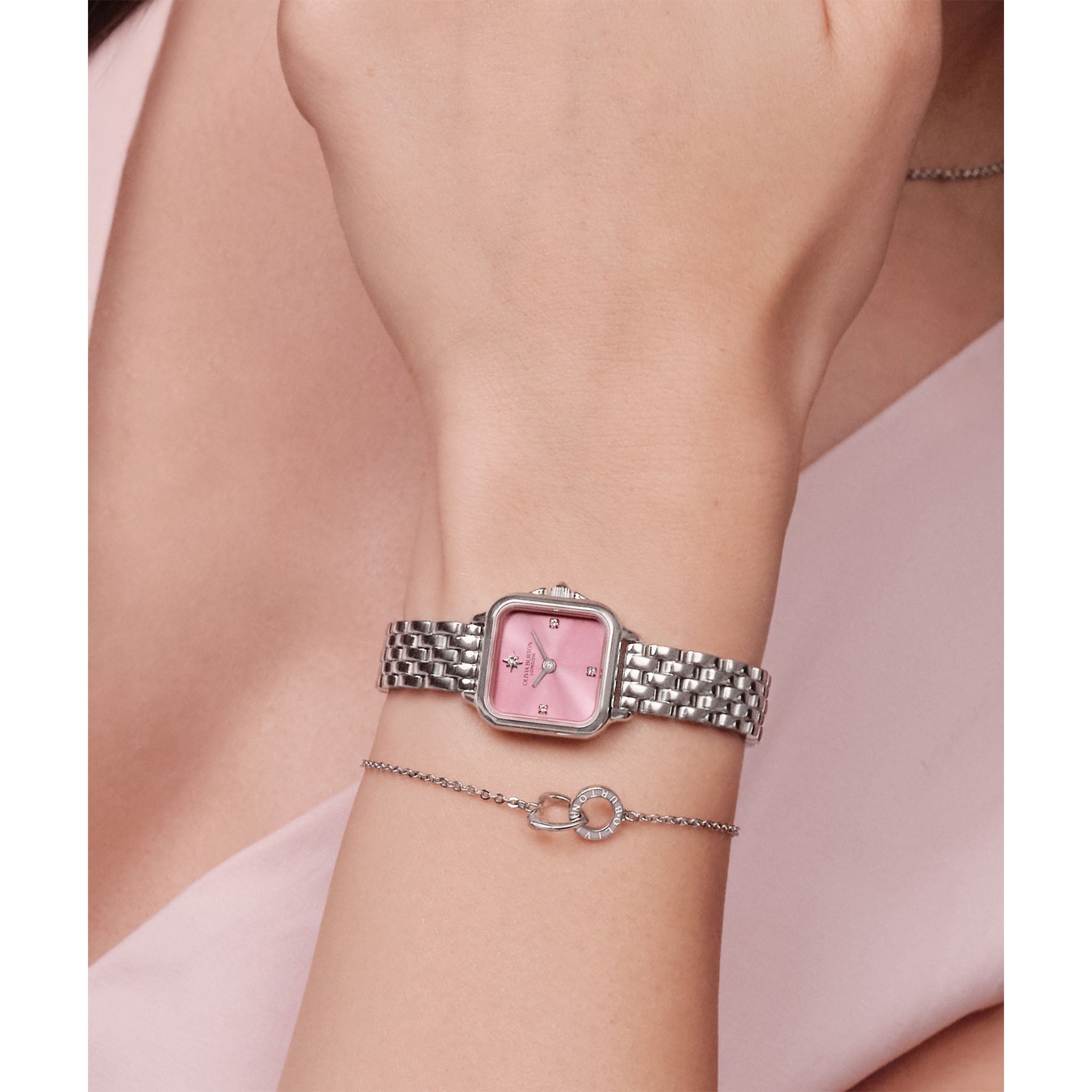 Olivia Burton Silver Steel Pink Dial Women's Watch - 24000363