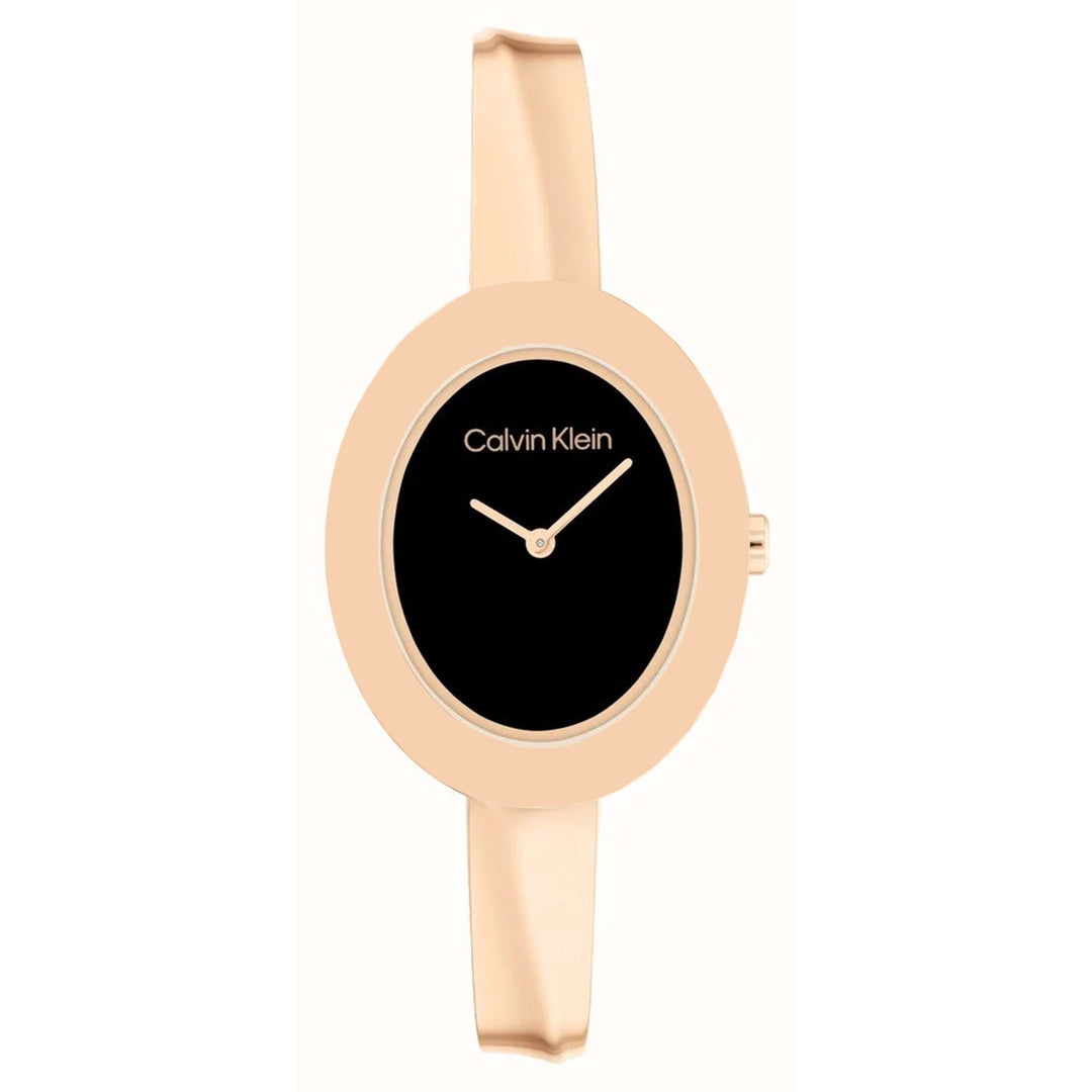 Calvin Klein Twisted Bezel Ionic Plated Rose Gold Steel Black Dial Basic Slim Women's - 25100057