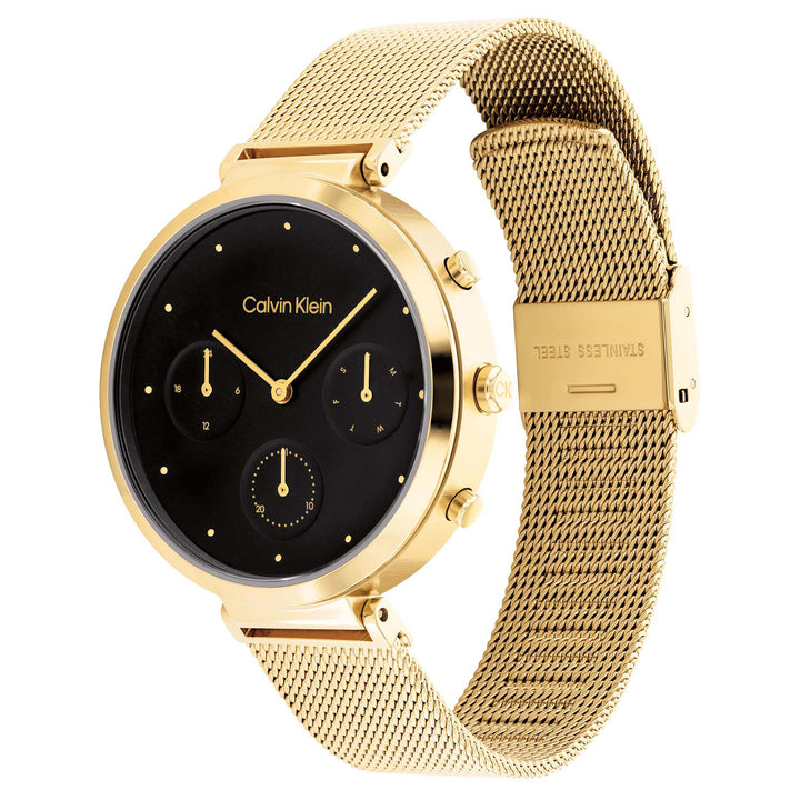 Calvin Klein Gold Steel Mesh Black Dial Multi-function Women's Watch - 25200287