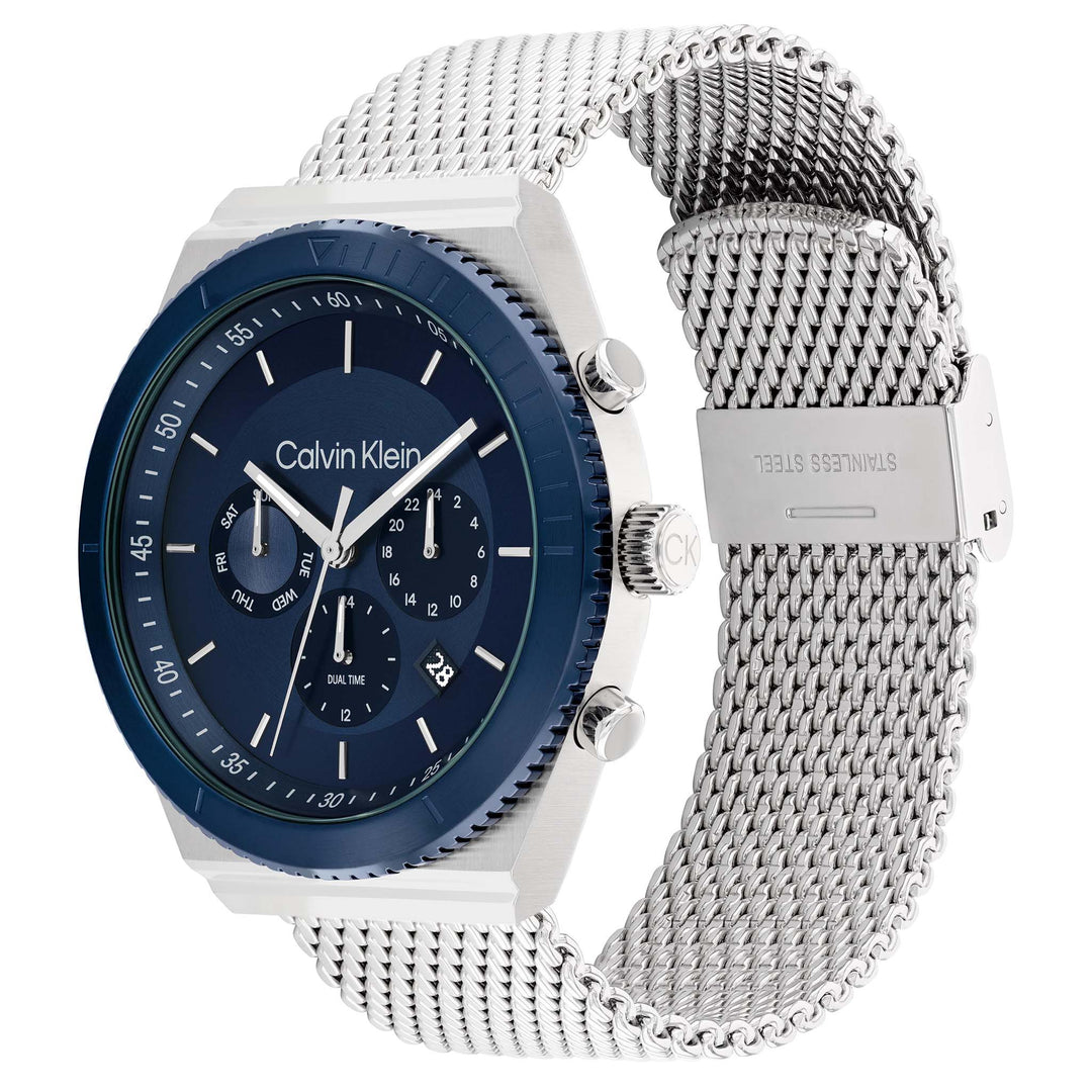 Calvin Klein Silver Steel Mesh Blue Dial Multi-function Men's Watch - 25200305