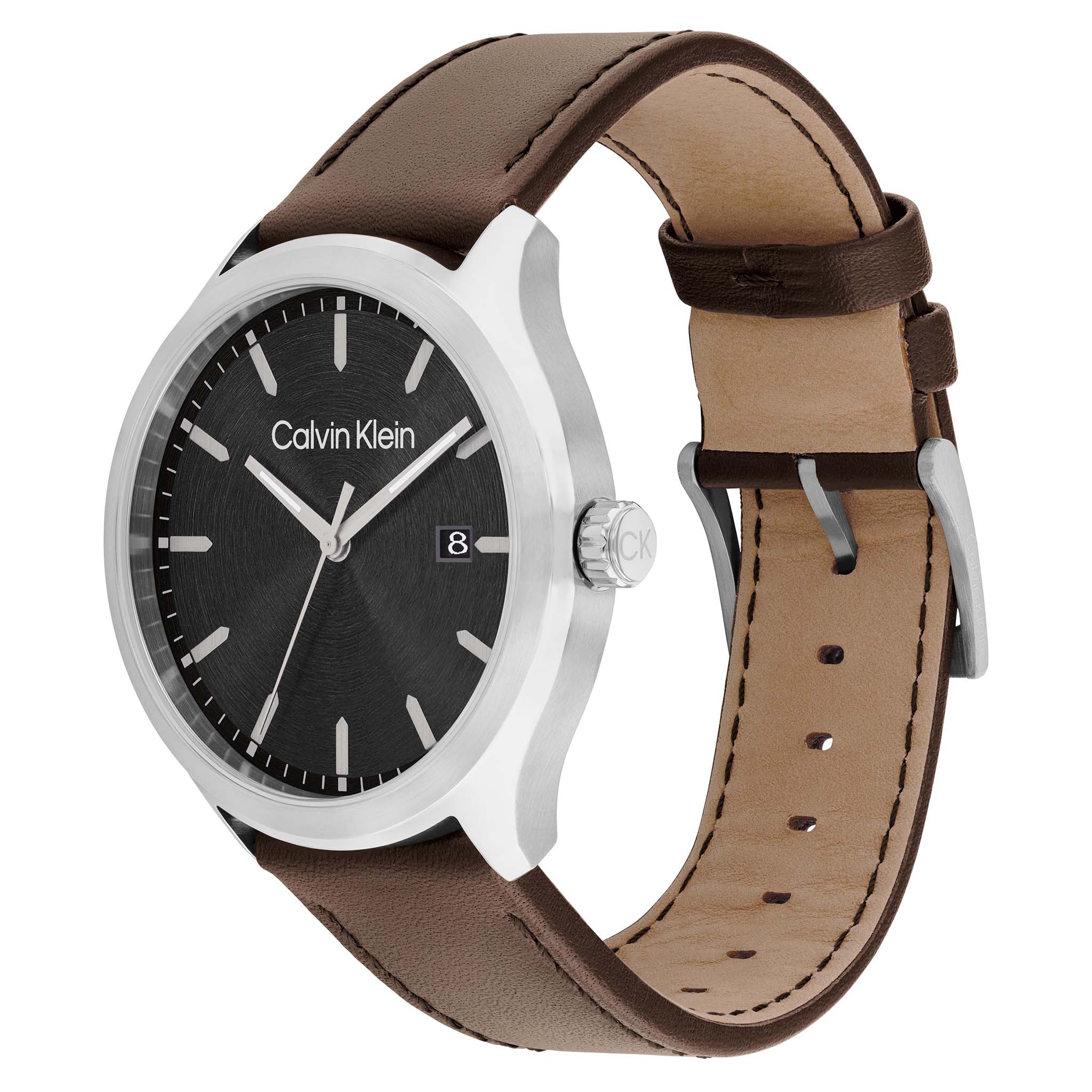 Calvin Klein Dark Brown Leather Black Dial Men's Watch - 25200354