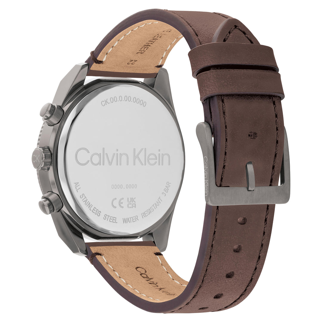 Calvin Klein Dark Brown Leather Green Dial Multi-function Men's Watch - 25200363