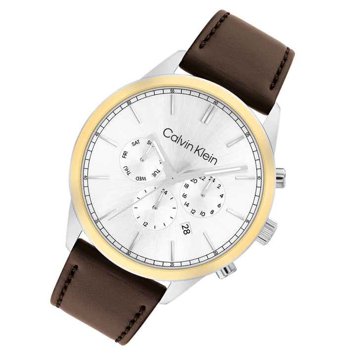 Calvin Klein Brown Leather Silver White Dial Multi-function Men's Watch - 25200381