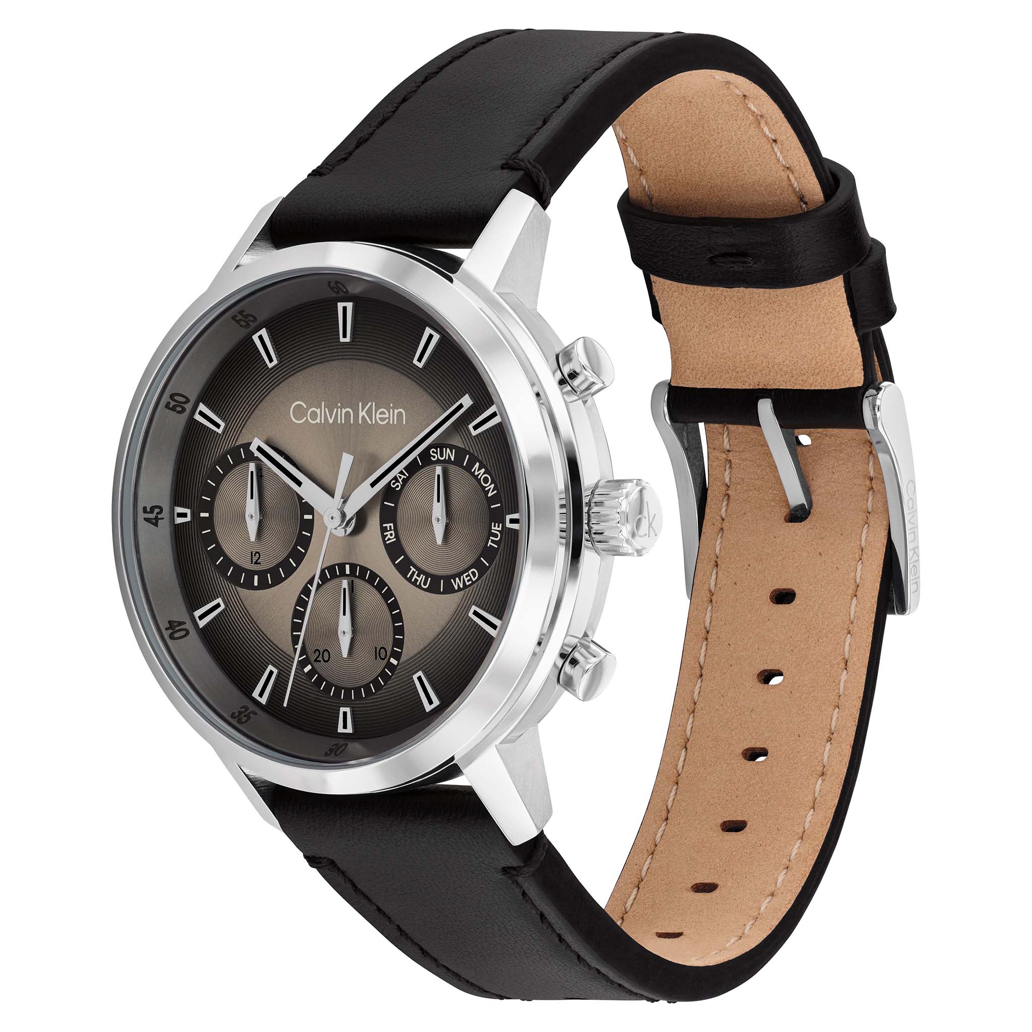 Calvin Klein Black Leather Sepia Dial Multi-function Men's Watch - 25200496