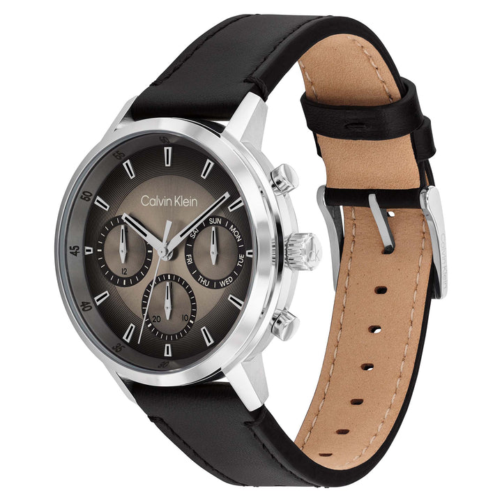 Calvin Klein Black Leather Sepia Dial Multi-function Men's Watch - 25200496
