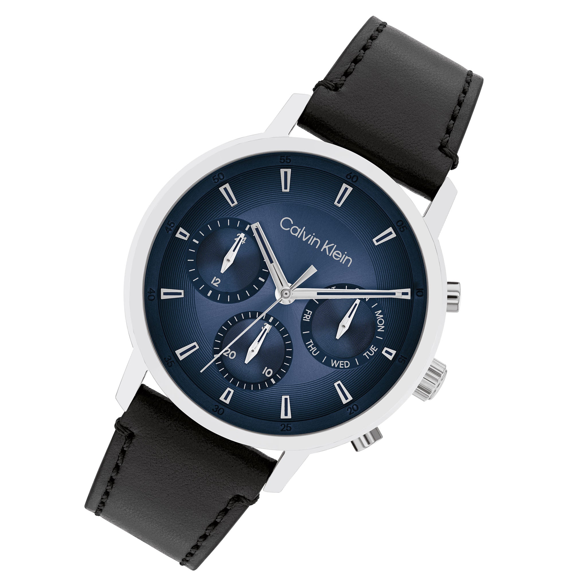 Calvin Klein Black Leather Blue Dial Multi-function Men's Watch - 25200497