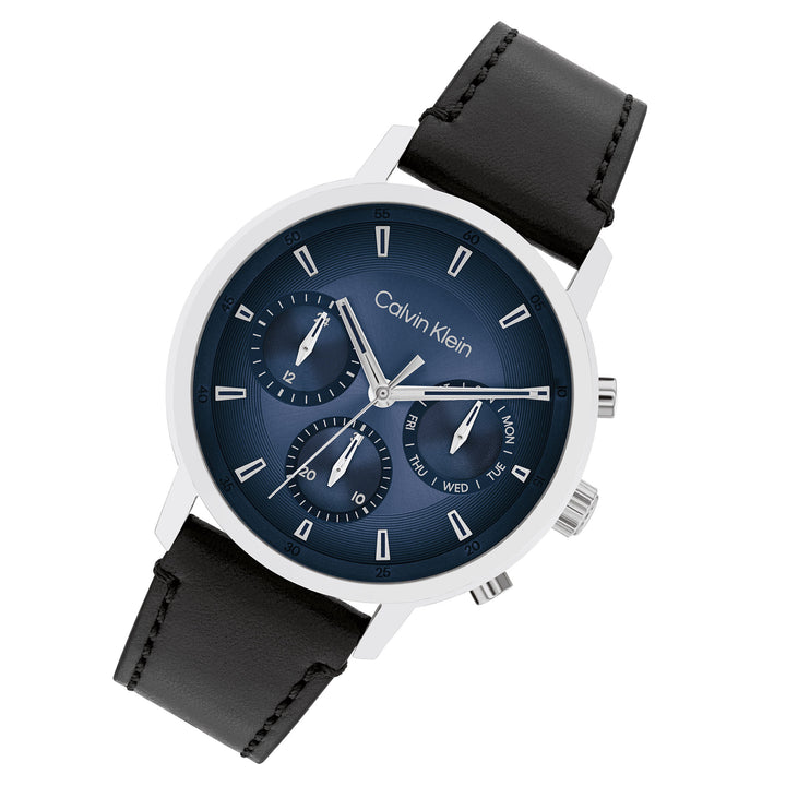 Calvin Klein Black Leather Blue Dial Multi-function Men's Watch - 25200497