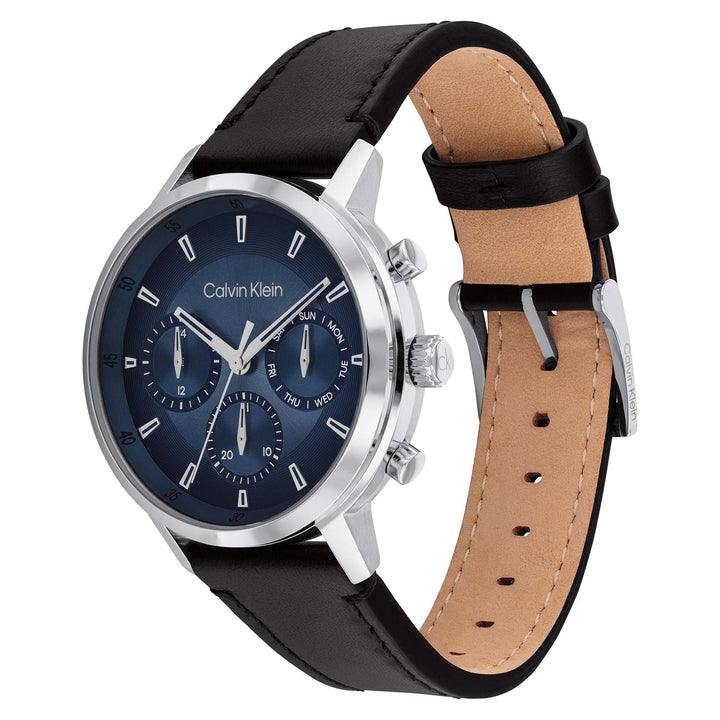 Calvin Klein Black Leather Blue Dial Multi-function Men's Watch - 25200497