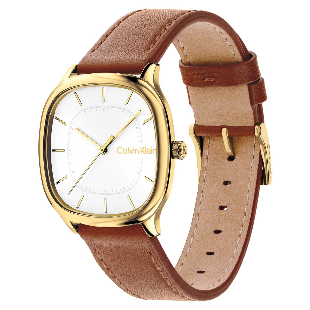 Calvin Klein Tan Leather White Dial Men's Watch - 25200578