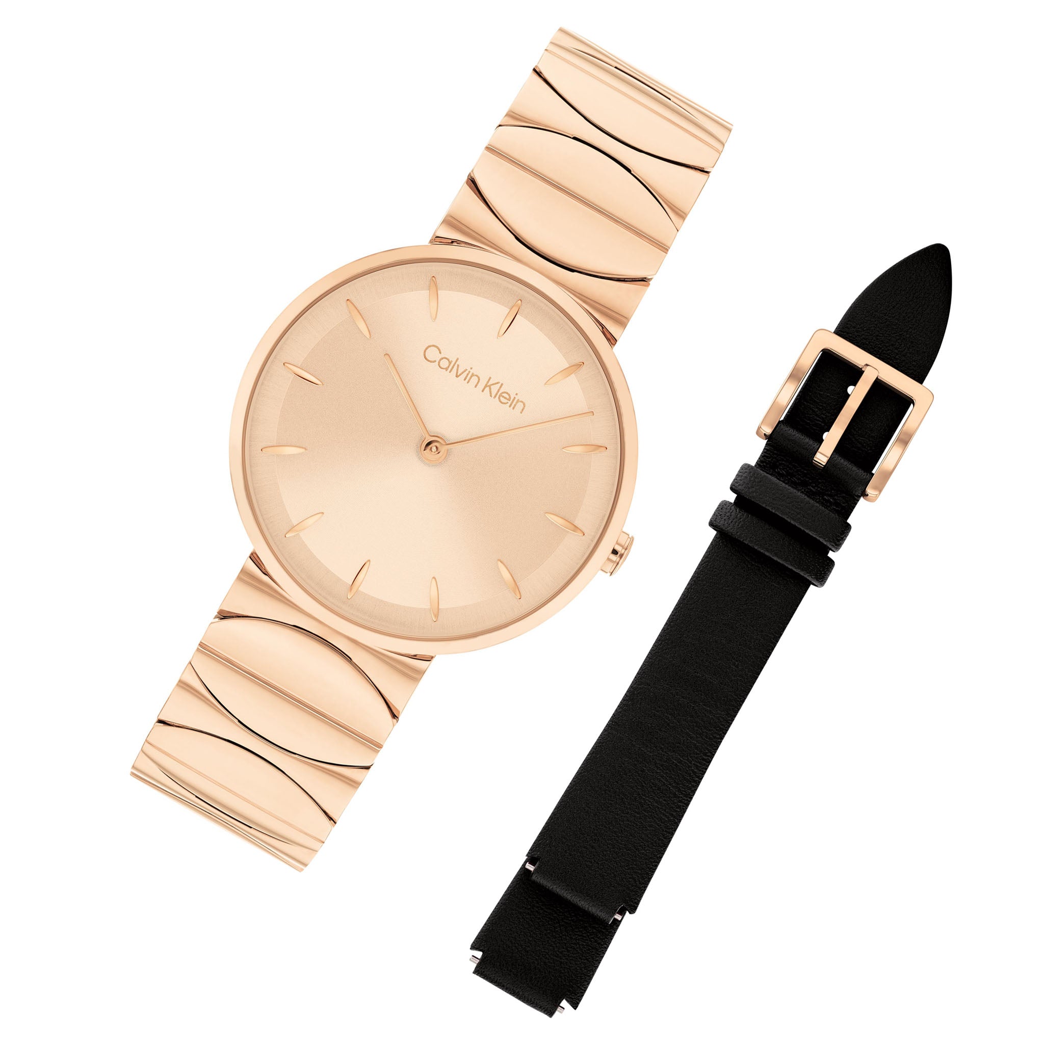 Calvin Klein Rose Gold Steel with Black Leather Carnation Gold Dial Women's Gift Set Watch - 25700001