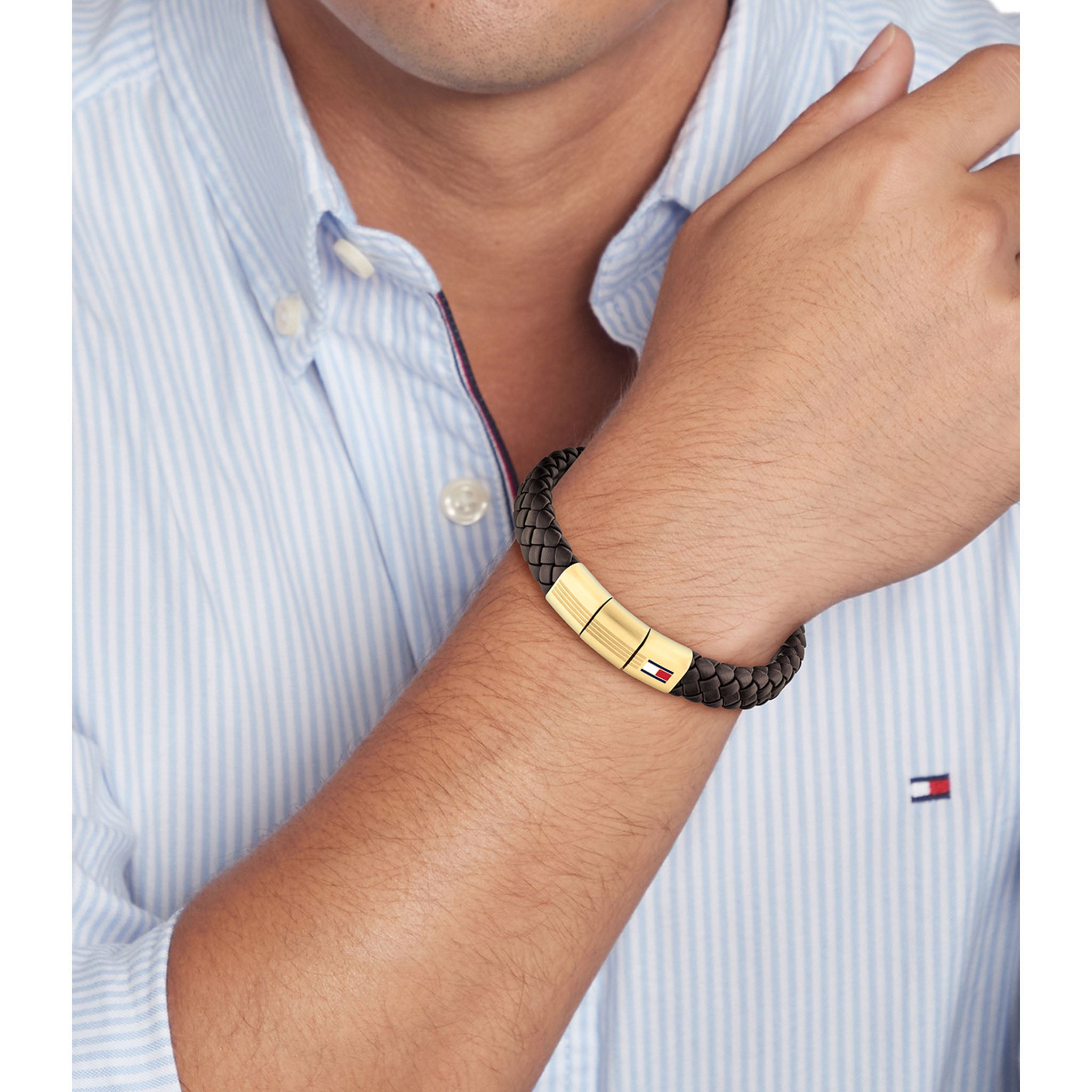 Tommy Hilfiger Jewellery Gold Steel & Brown Leather Men's Bracelet - 2790671