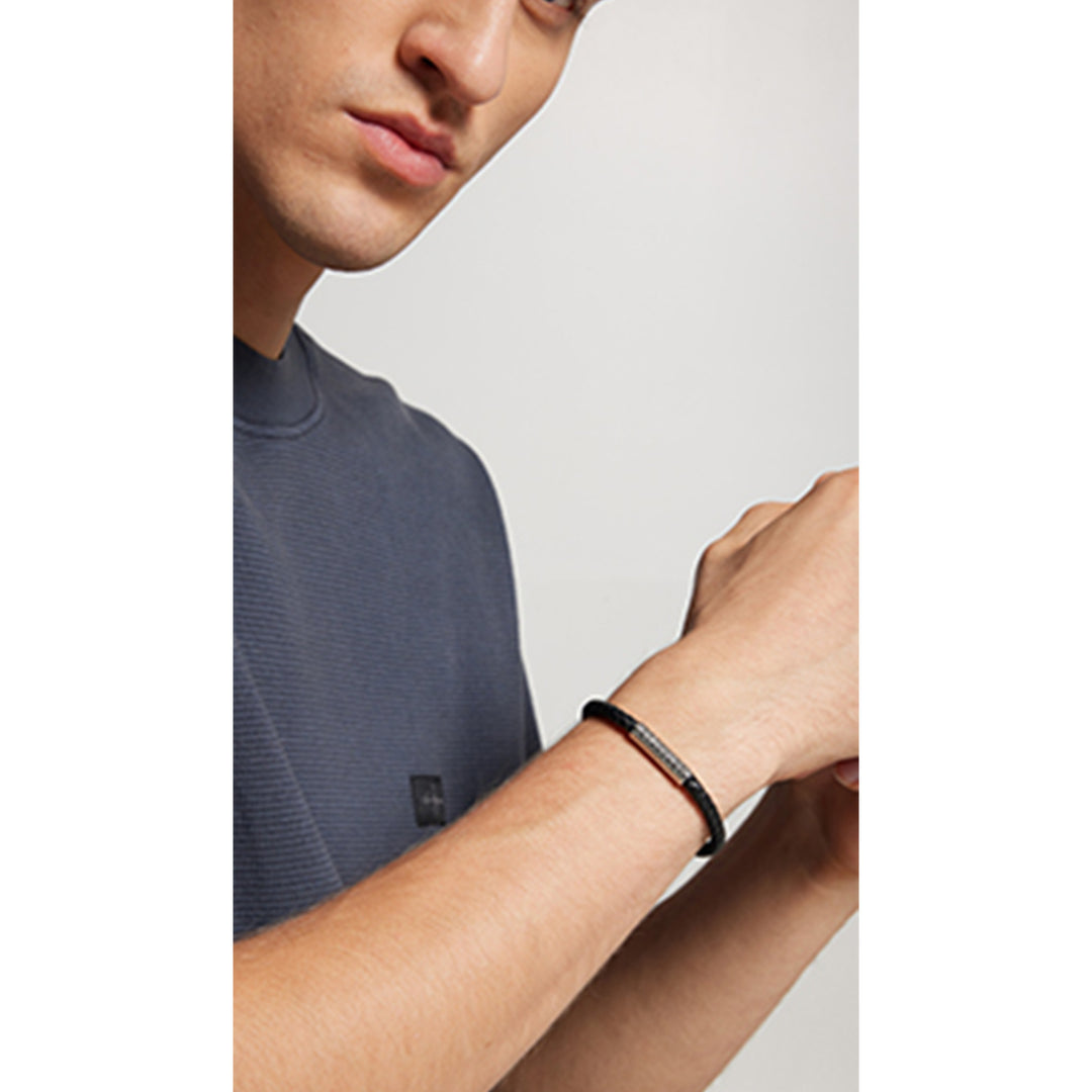 Calvin Klein Jewellery Stainless Steel & Black Leather Men's Bracelet - 35000101