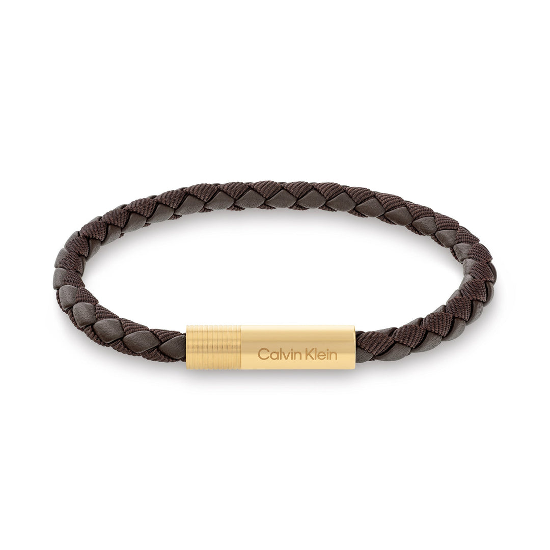 Calvin Klein Jewellery Gold Steel & Brown Leather & Brown Terylen Men's Fabric Leather Bracelet - 35100027