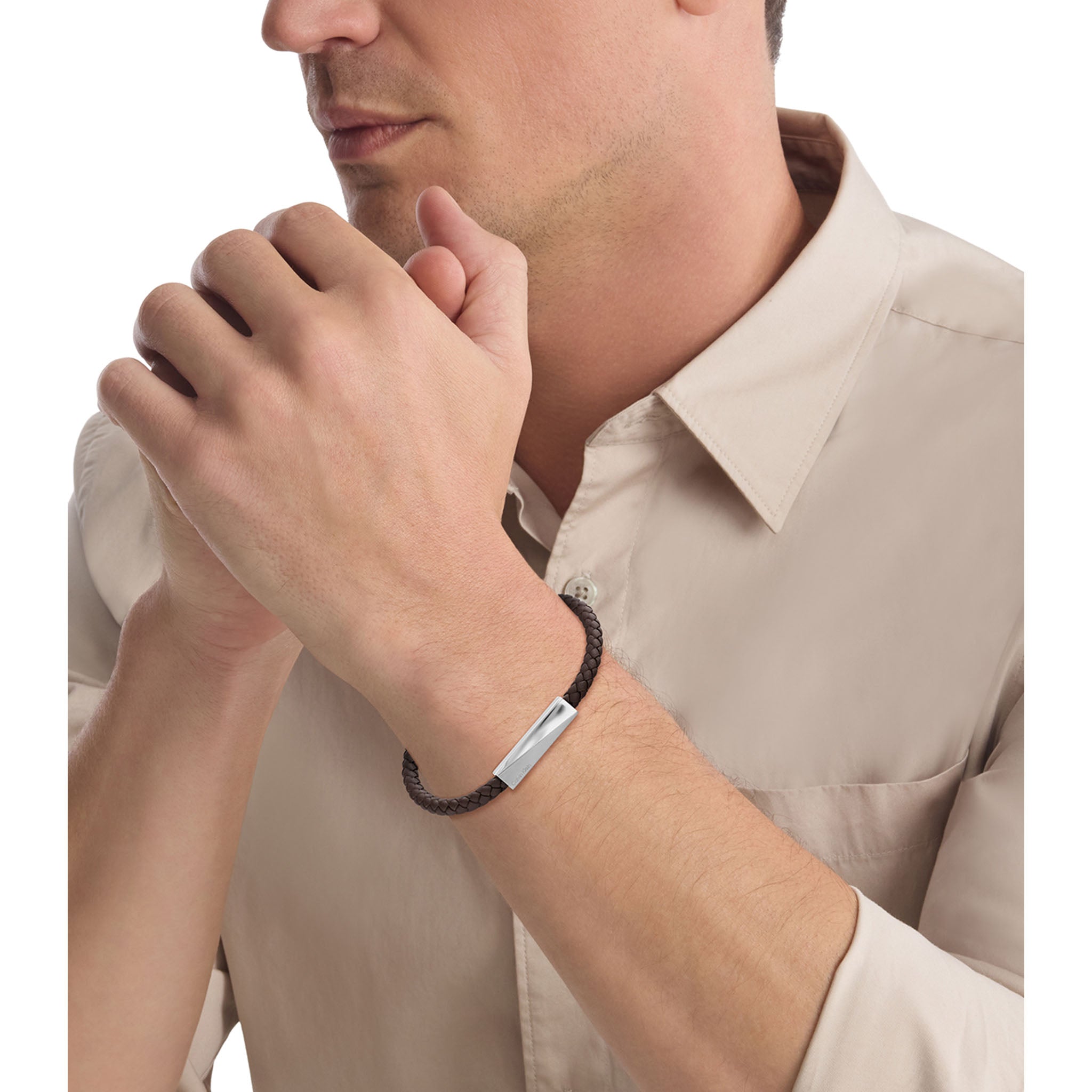 Calvin Klein Jewellery Stainless Steel & Chocolate Calfskin Men's Leather Bracelet - 35100064