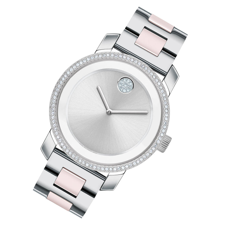 Movado Stainless Steel & Blush Ceramic Silver Dial Women's Swiss Made Watch - 3600881