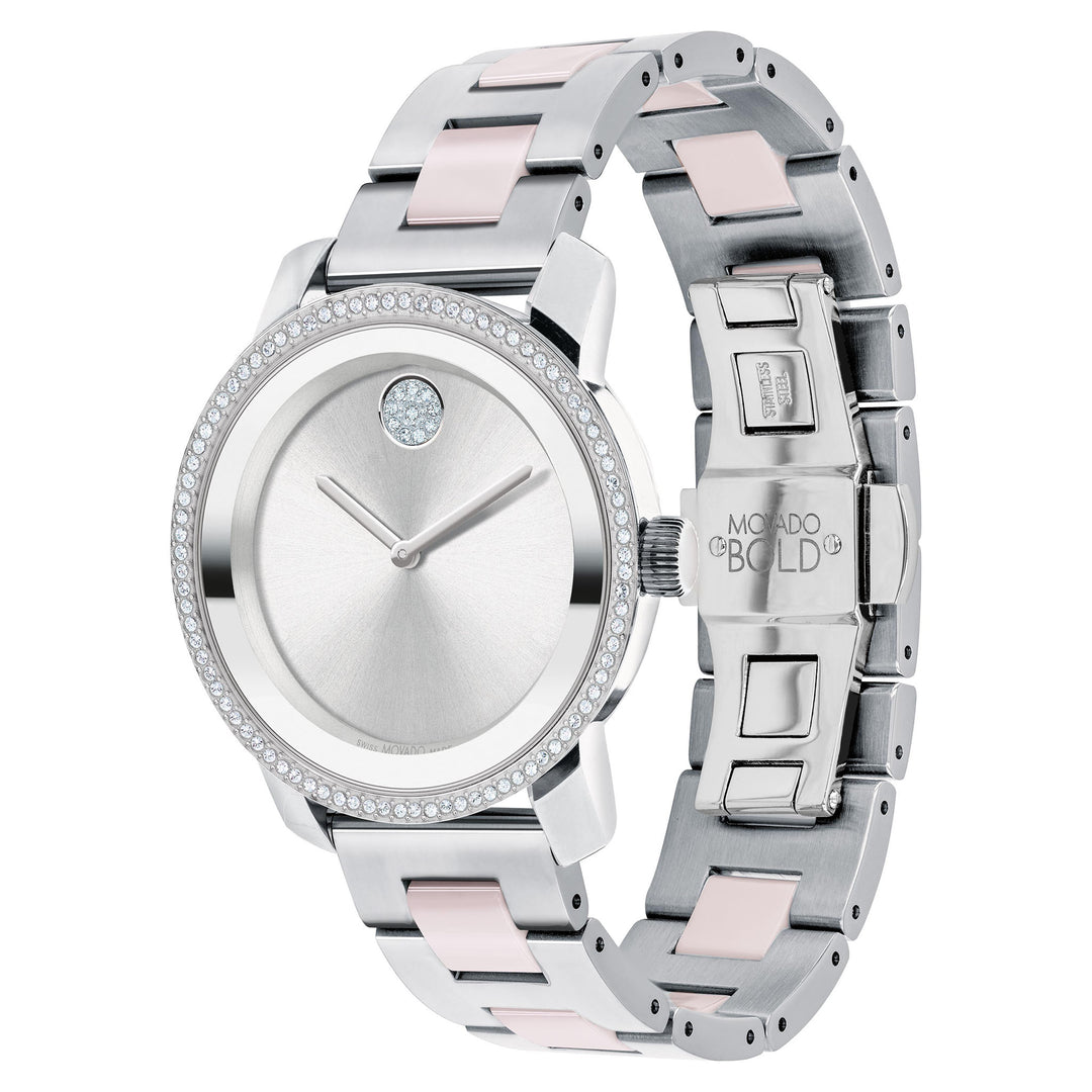 Movado Stainless Steel & Blush Ceramic Silver Dial Women's Swiss Made Watch - 3600881