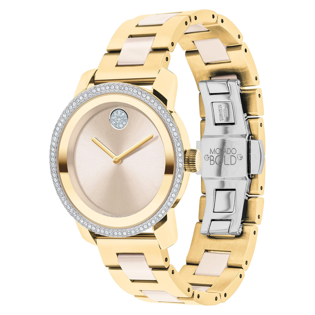 Movado Light Gold Steel & Ceramic Taupe Dial Women's Swiss Made Watch - 3600882