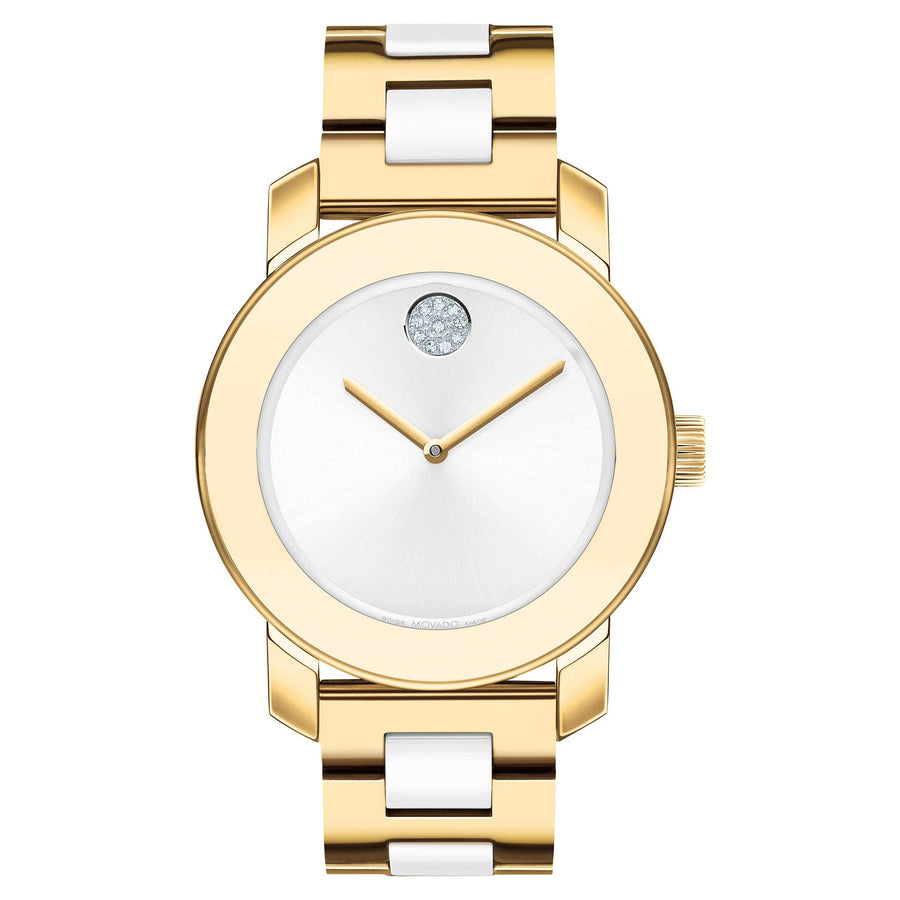 Movado Light Gold Steel & White Ceramic Silver Dial Swiss Made Women's Watch - 3600892