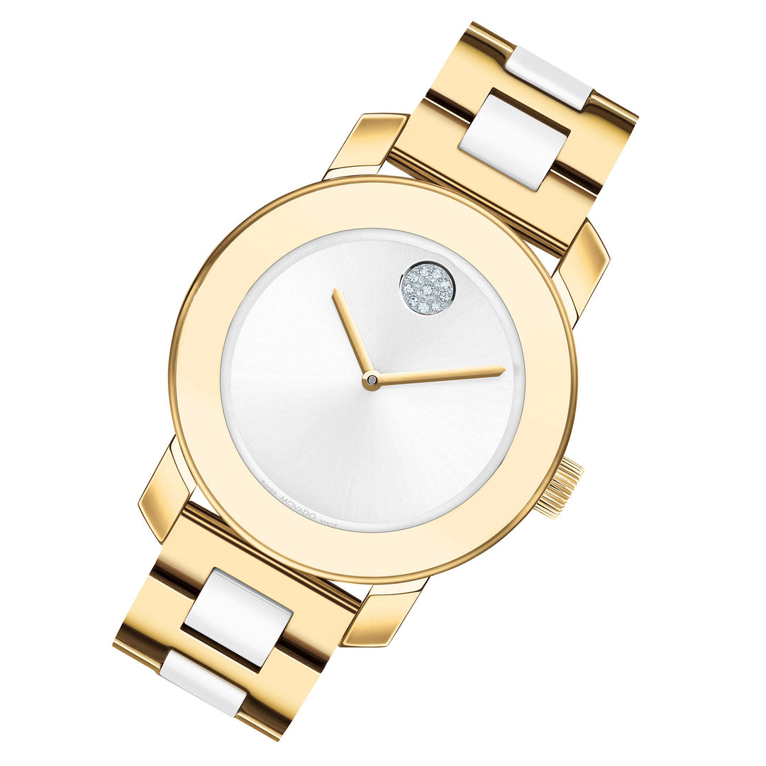 Movado Light Gold Steel & White Ceramic Silver Dial Made Women's Swiss Made Watch - 3600892