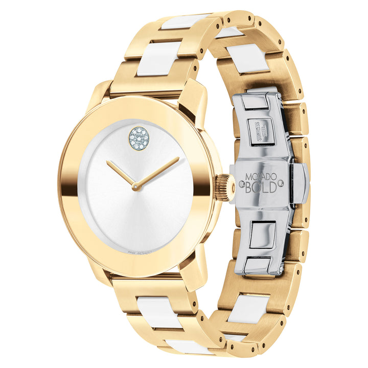 Movado Light Gold Steel & White Ceramic Silver Dial Made Women's Swiss Made Watch - 3600892