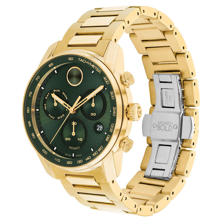 Movado Gold Steel Green Dial Chronograph Men's Swiss Made Watch - 3600948