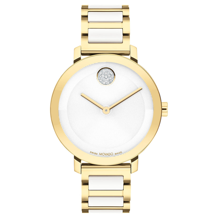 Movado Bold Ionic Plated Light Gold Steel & White Ceramic Silver White Dial Swiss Women's Watch - 3601238