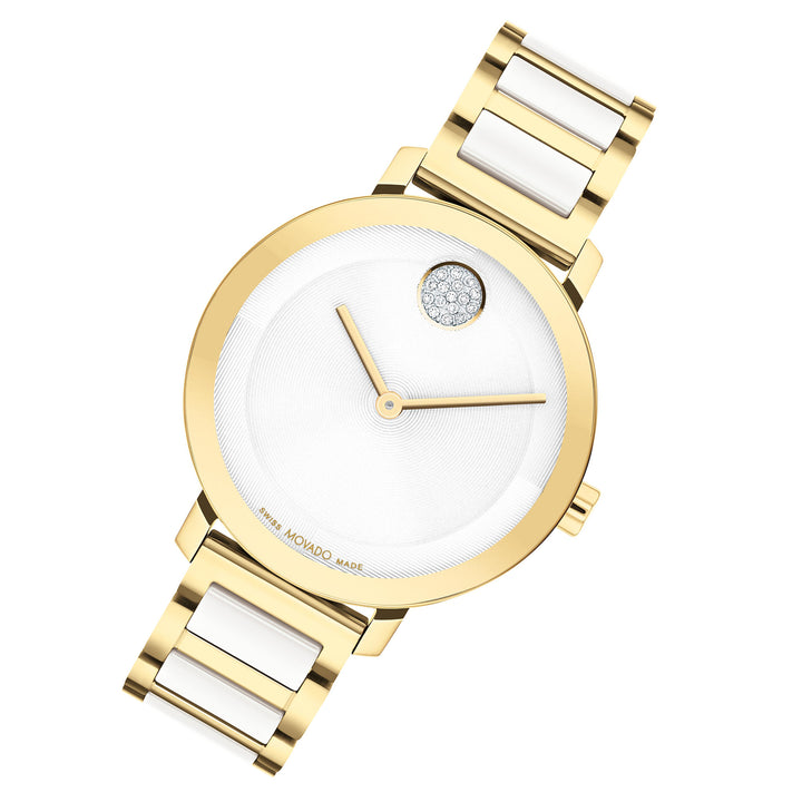 Movado Light Gold Steel & White Ceramic Silver White Dial Women's Swiss Made Watch - 3601238