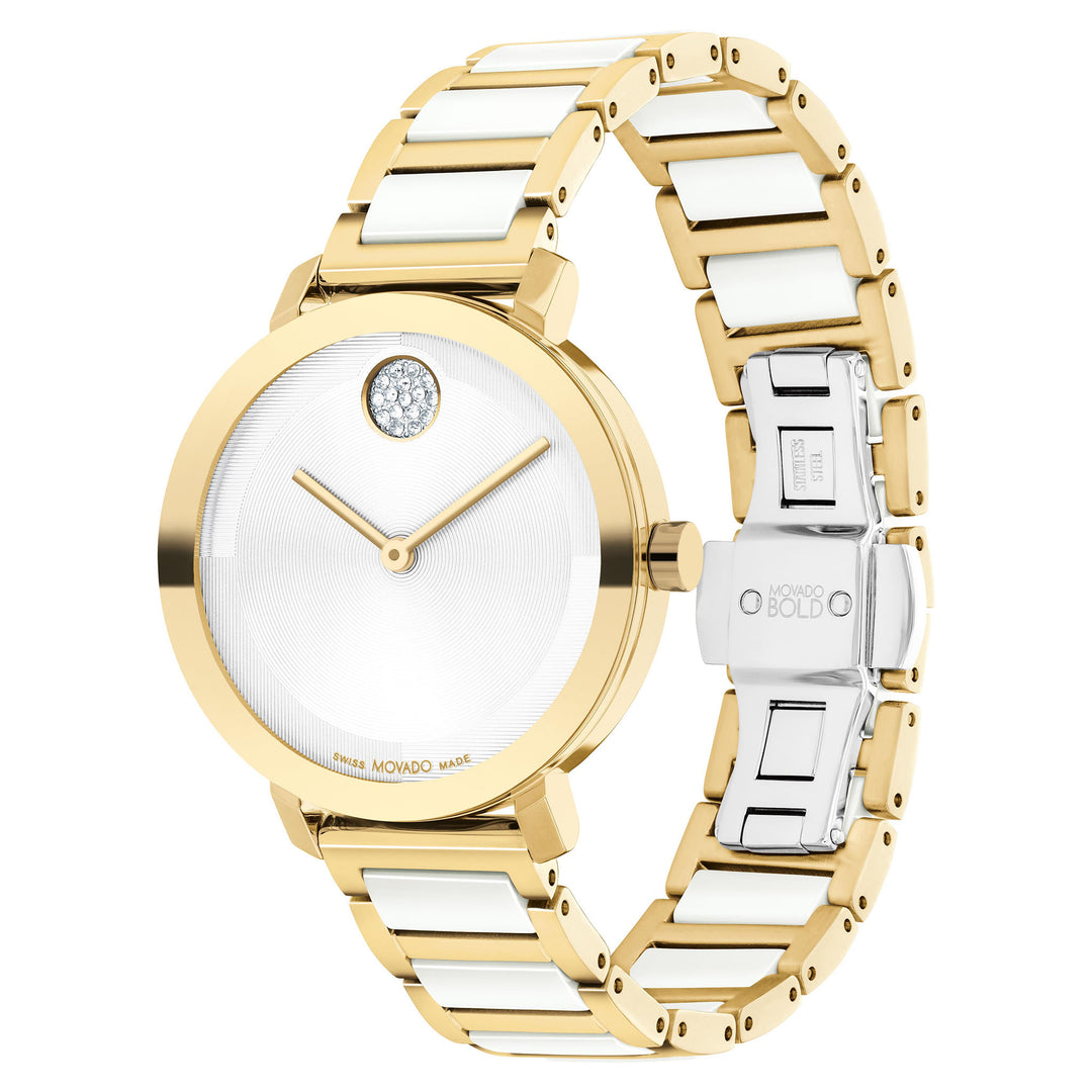 Movado Light Gold Steel & White Ceramic Silver White Dial Women's Swiss Made Watch - 3601238