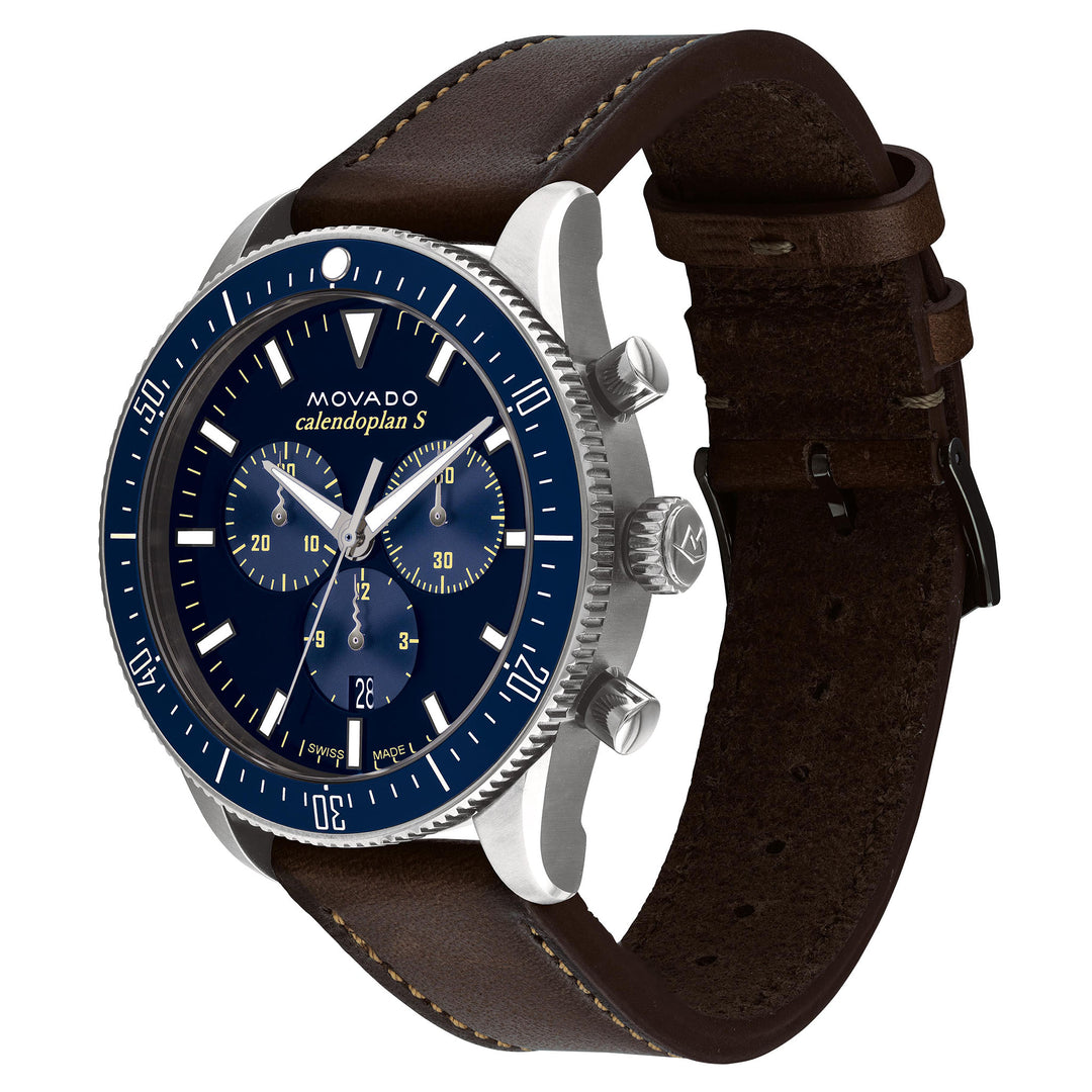 Movado Brown Leather Blue Dial Chronograph Men's Swiss Made Watch - 3650121