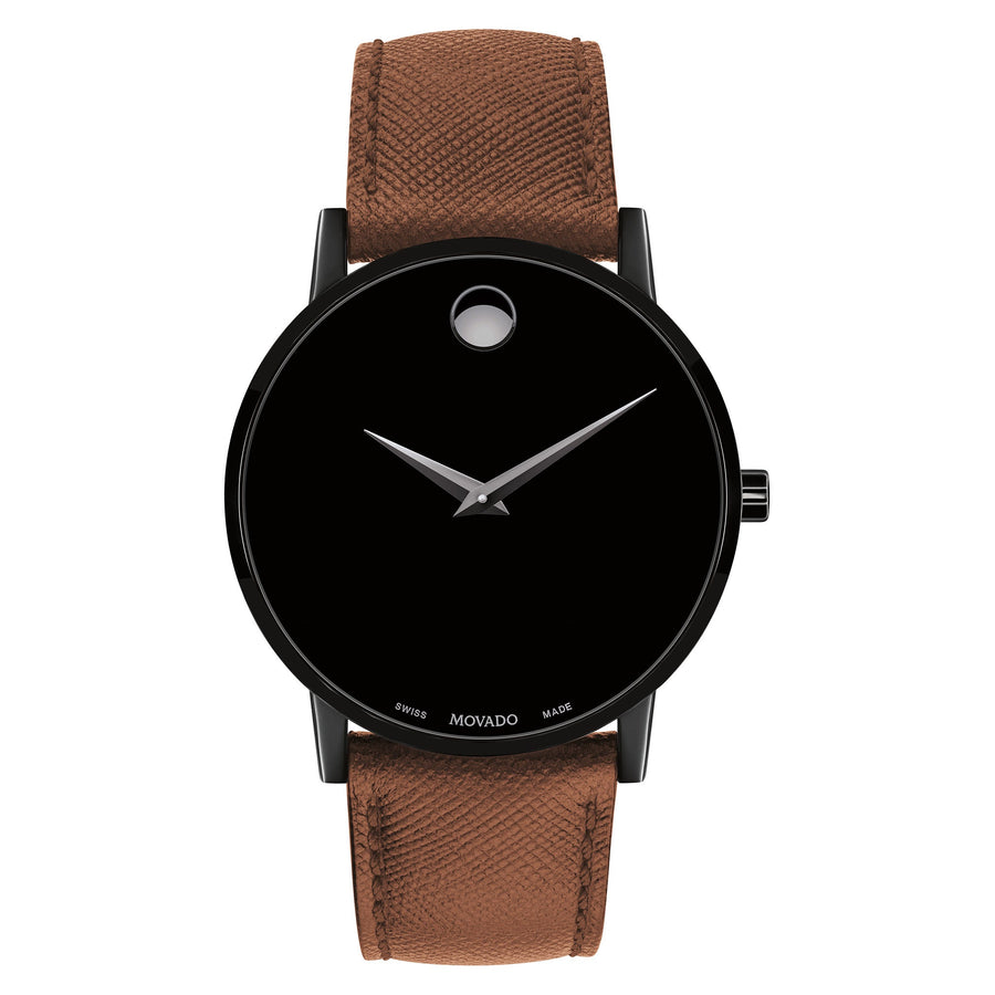 Movado Cognac Leather Black Dial Swiss Men's Watch - 607198