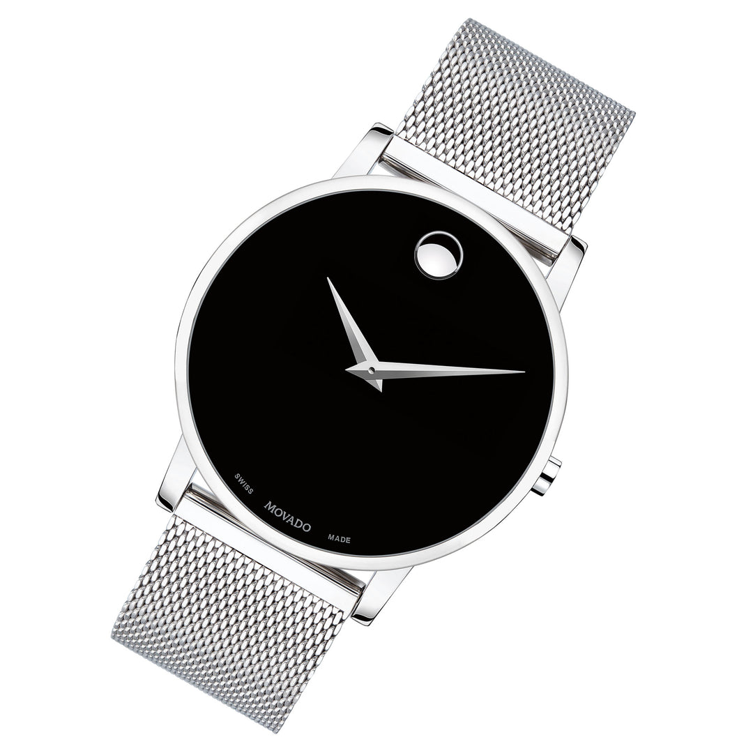 Movado Silver Steel Mesh Black Dial Men's Swiss Made Watch - 607219